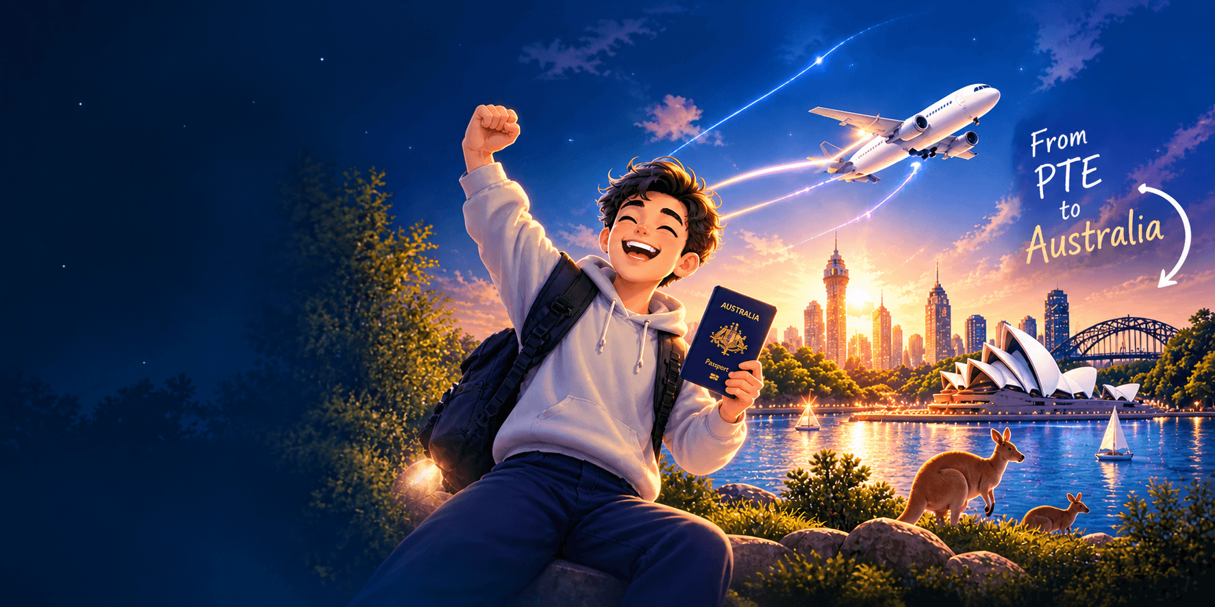A happy PTE learner with an airplane arriving in Australia